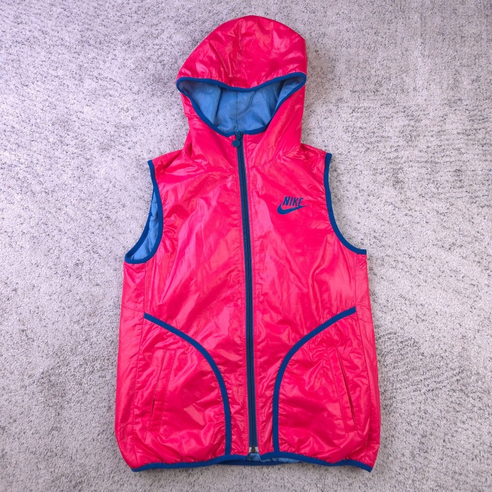 VTG Nike Vest Women Medium Windbreaker Hooded Nylon Sportswear Pink Full Zip Y2K